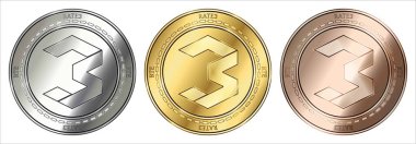 Altın, gümüş ve bronz Rate3 (Rte) cryptocurrency para. madeni para seti.