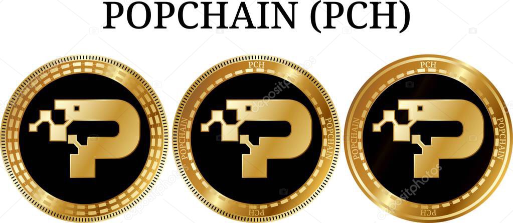 Set of physical golden coin POPCHAIN (PCH), digital cryptocurrency. POPCHAIN (PCH) icon set. Vector illustration isolated on white background.