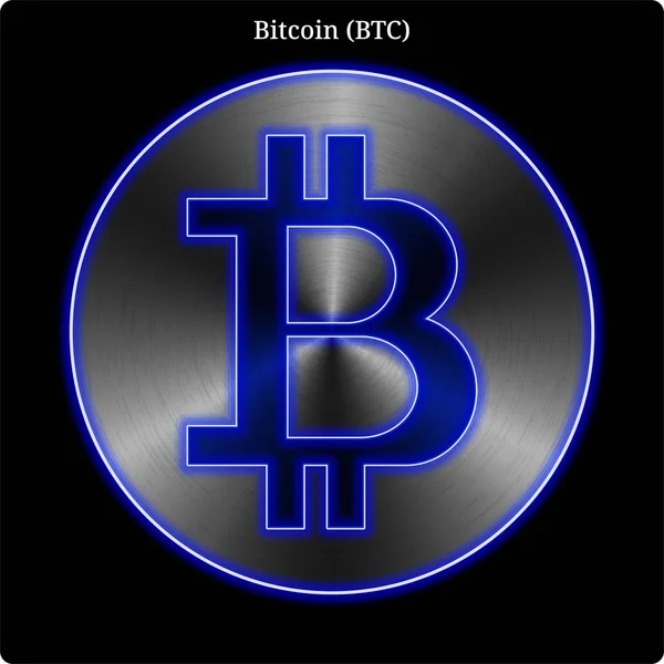 Metal Bitcoin (BTC) coin witn blue neon glow. — Stock Vector