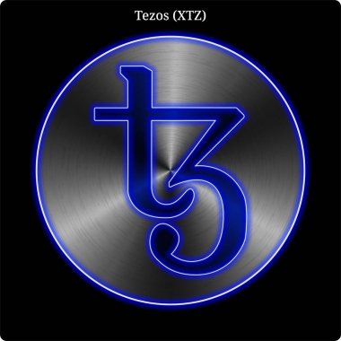 Tezos (Xtz) sikke witn mavi neon glow metal.