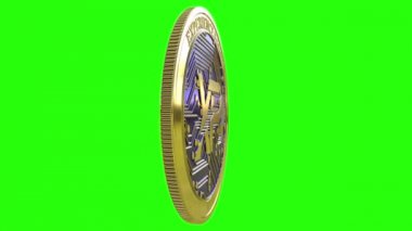 Altın sikke deneyim puanı (Xp) cryptocurrency mükemmel döngü üzerinde yeşil arka plan izole iplik. 4k video. 3D render.