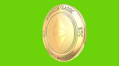 Mükemmel döngü üzerinde yeşil arka plan izole iplik altın sikke Ethereum klasik (vb) cryptocurrency. 4k video. 3D render.