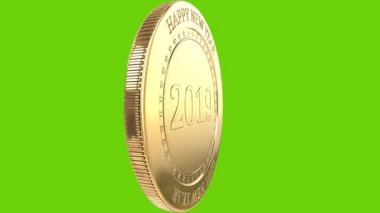 Altın madeni para 2019 yıl - sembolü ile domuz ve üzerinde yeşil arka plan izole metin 