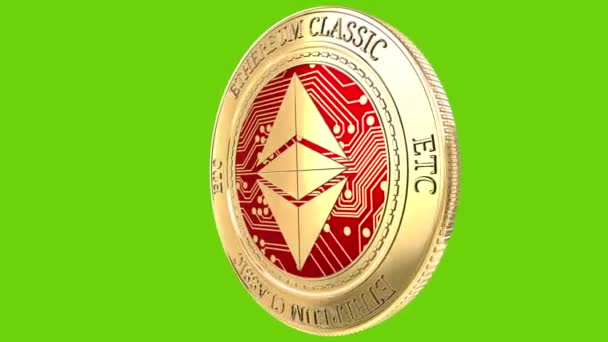 Криптовалюта Ethereum Classic Etc Вращается Идеальном Цикле Изолированном Зеленом Фоне — стоковое видео