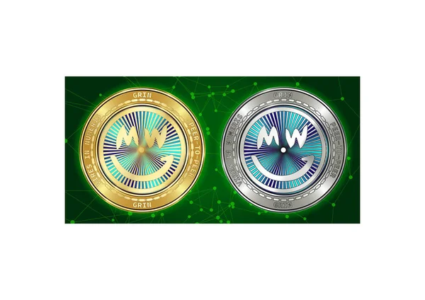 Arany és ezüst Grin cryptocurrency érméket a háttérben blockchain — Stock Vector