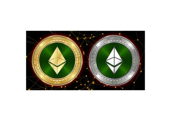 Oro e argento Ethereum (ETH) monete criptovaluta su sfondo blockchain — Foto Stock