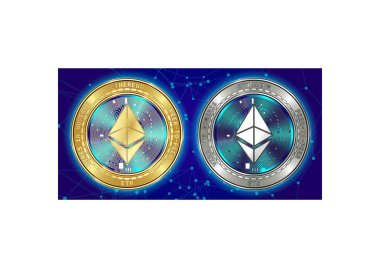 Altın ve gümüş Ethereum (Eth) cryptocurrency demir blockchain arka plan
