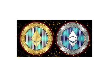 Altın ve gümüş Ethereum (Eth) cryptocurrency demir blockchain arka plan