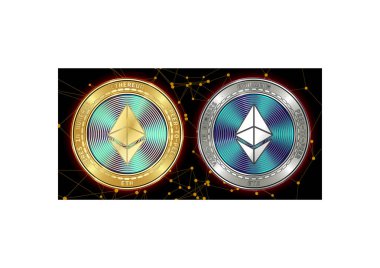 Altın ve gümüş Ethereum (Eth) cryptocurrency demir blockchain arka plan