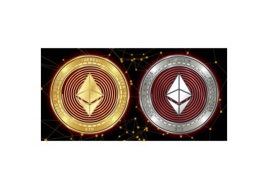 Altın ve gümüş Ethereum (Eth) cryptocurrency demir blockchain arka plan