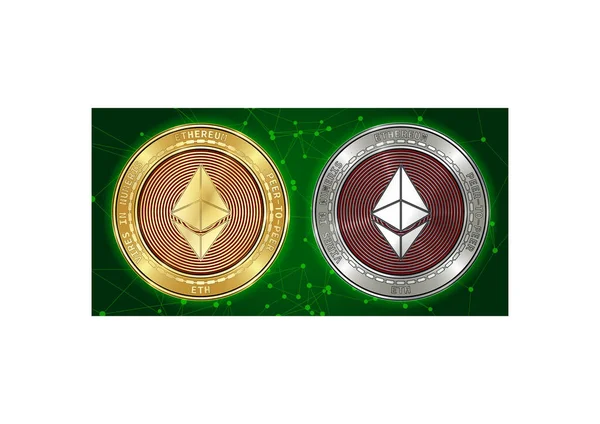 Gold- und Silbermünzen der Kryptowährung Ethereum (eth) auf Blockchain-Hintergrund — Stockvektor