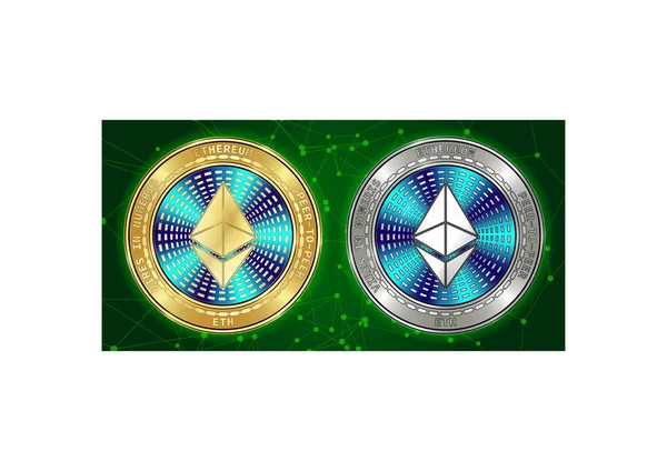 Golden och silver Ethereum (Eth) kryptovaluta mynt på blockchain bakgrund — Stock vektor