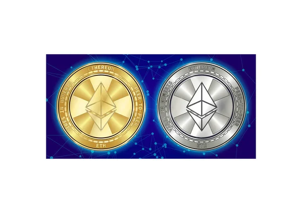 Oro e argento Ethereum (ETH) monete criptovaluta su sfondo blockchain — Vettoriale Stock