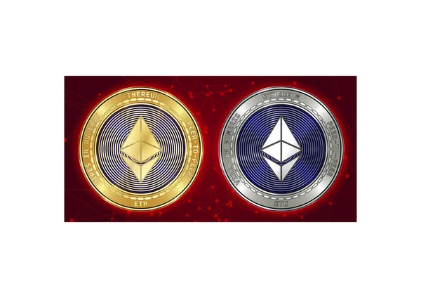 Arany és ezüst Ethereum (Eth) cryptocurrency érmék és blockchain háttér — Stock Vector