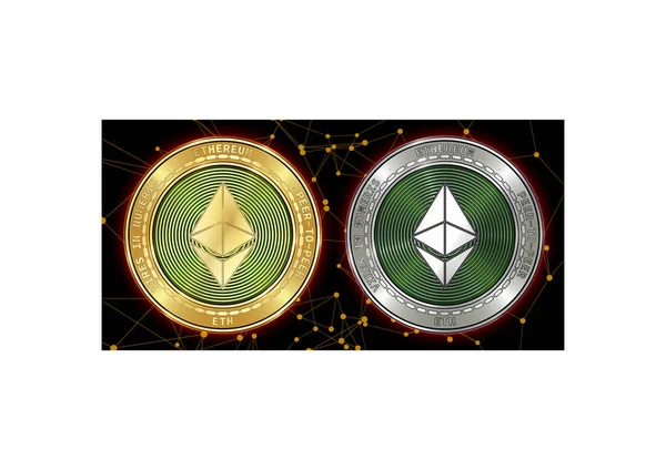 Or et argent Ethereum (ETH) pièces crypto-monnaie sur fond blockchain — Image vectorielle