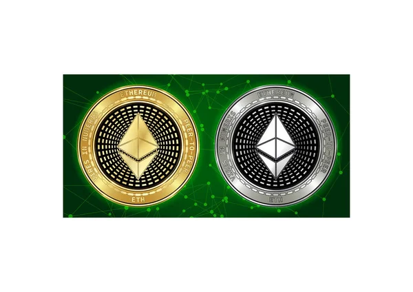 Golden and silver Ethereum (ETH) cryptocurrency coins on blockchain background — Stock Vector