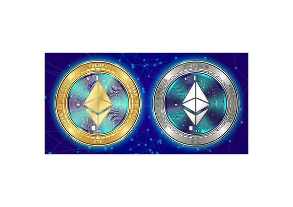 Or et argent Ethereum (ETH) pièces crypto-monnaie sur fond blockchain — Image vectorielle