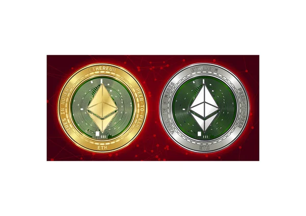 Złote i srebrne monety kryptowaluta Ethereum (Eth) na tle blockchain — Wektor stockowy