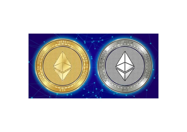 Gouden en zilveren Ethereum (Eth) cryptocurrency munten op blockchain achtergrond — Stockvector