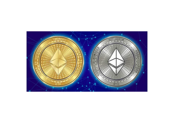 Arany és ezüst Ethereum (Eth) cryptocurrency érmék és blockchain háttér — Stock Vector