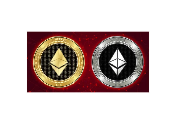 Złote i srebrne monety kryptowaluta Ethereum (Eth) na tle blockchain — Wektor stockowy
