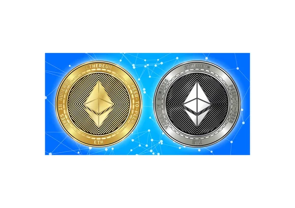 Gouden en zilveren Ethereum (Eth) cryptocurrency munten op blockchain achtergrond — Stockvector