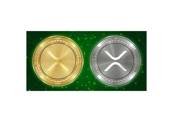 Zlaté a stříbrné mince kryptoměn Xrp na pozadí blockchainu — Stockový vektor