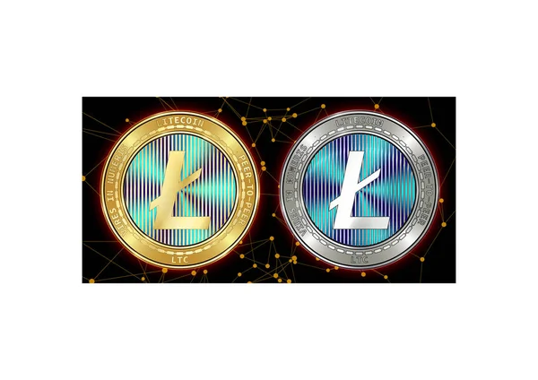 Golden and silver Litecoin (LTC) cryptocurrency coins on blockchain background — Stock Vector