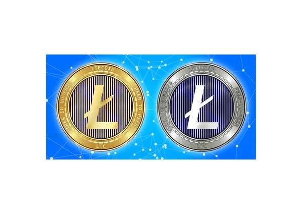 Χρυσά και ασημένια νομίσματα κρυπτονόμισμα Litecoin (Ltc) πάνω blockchain φόντο — Διανυσματικό Αρχείο