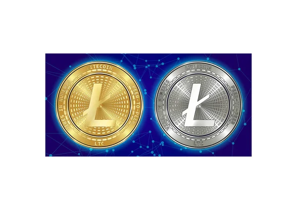 Golden och silver Litecoin (Ltc) kryptovaluta mynt på blockchain bakgrund — Stock vektor