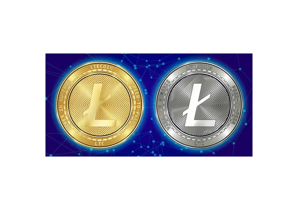 Gouden en zilveren Litecoin (Ltc) cryptocurrency munten op blockchain achtergrond — Stockvector