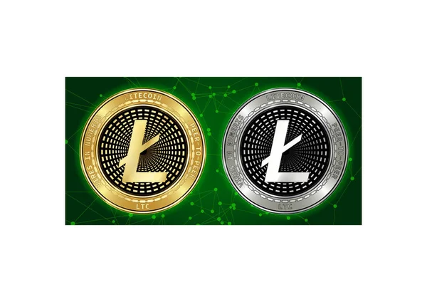 Or et argent Litecoin (LTC) pièces de crypto-monnaie sur fond blockchain — Image vectorielle