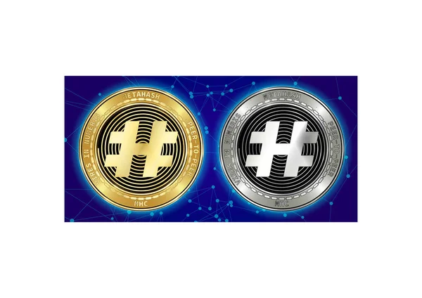Golden och silver Metahash (Mhc) kryptovaluta mynt på blockchain bakgrund — Stock vektor