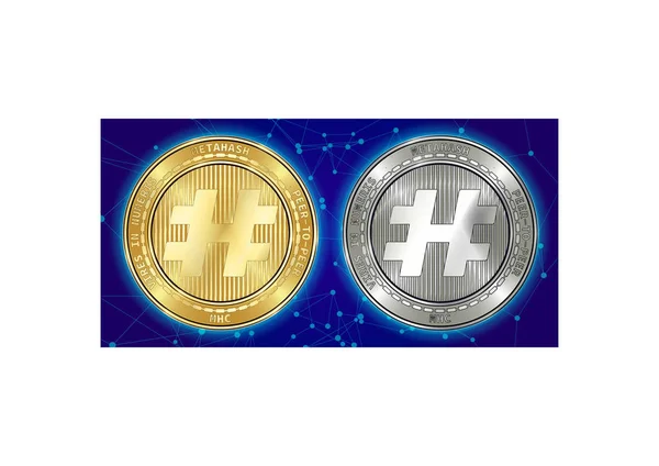 Arany és ezüst Metahash (Mhc) cryptocurrency érmék és blockchain háttér — Stock Vector