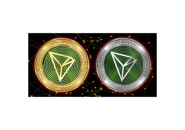 Or et argent Tron (TRX) pièces de crypto-monnaie sur fond blockchain — Image vectorielle