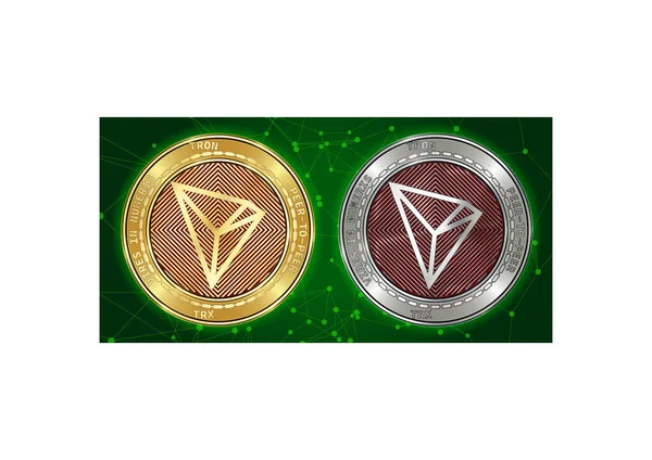 Gold- und Silbermünzen der Kryptowährung Tron (trx) auf Blockchain-Hintergrund — Stockvektor