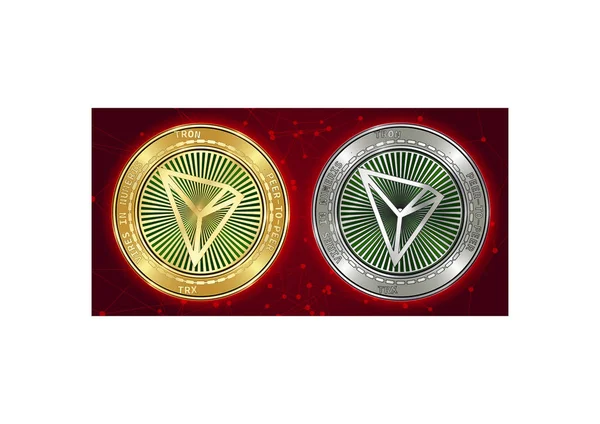 Golden och silver Tron (Trx) kryptovaluta mynt på blockchain bakgrund — Stock vektor