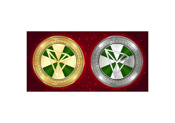 Oro e argento Tron (TRX) criptovaluta monete su sfondo blockchain — Vettoriale Stock