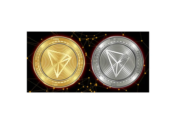 Arany és ezüst Tron (Trx) cryptocurrency érmék és blockchain háttér — Stock Vector