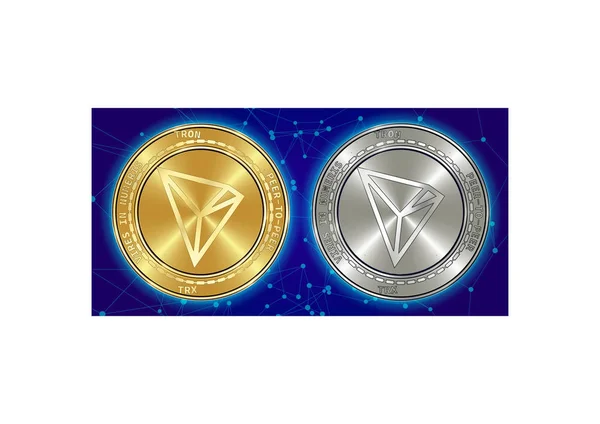 Oro e argento Tron (TRX) criptovaluta monete su sfondo blockchain — Vettoriale Stock