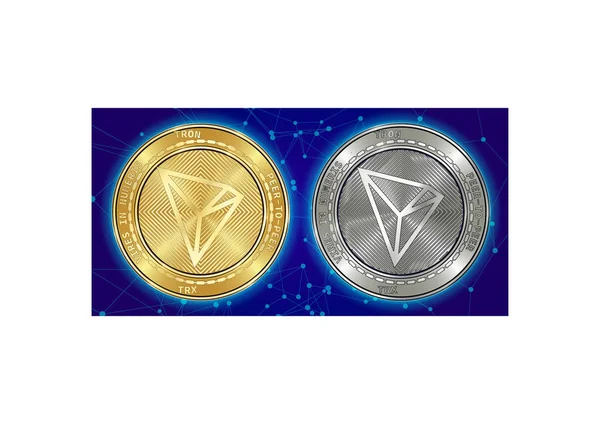 Golden och silver Tron (Trx) kryptovaluta mynt på blockchain bakgrund — Stock vektor