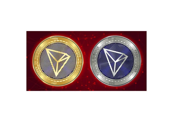 Złote i srebrne monety kryptowaluta Tron (Trx) na tle blockchain — Wektor stockowy
