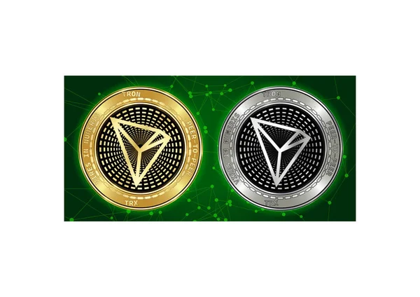 Gouden en zilveren Tron (Trx) cryptocurrency munten op blockchain achtergrond — Stockvector