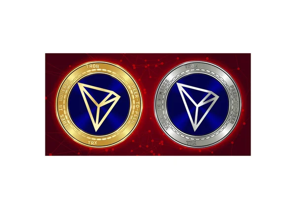Arany és ezüst Tron (Trx) cryptocurrency érmék és blockchain háttér — Stock Vector