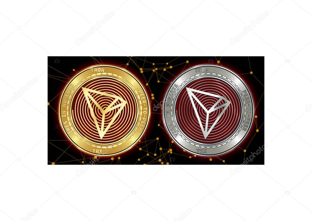 Golden and silver Tron (TRX) cryptocurrency coins on blockchain background