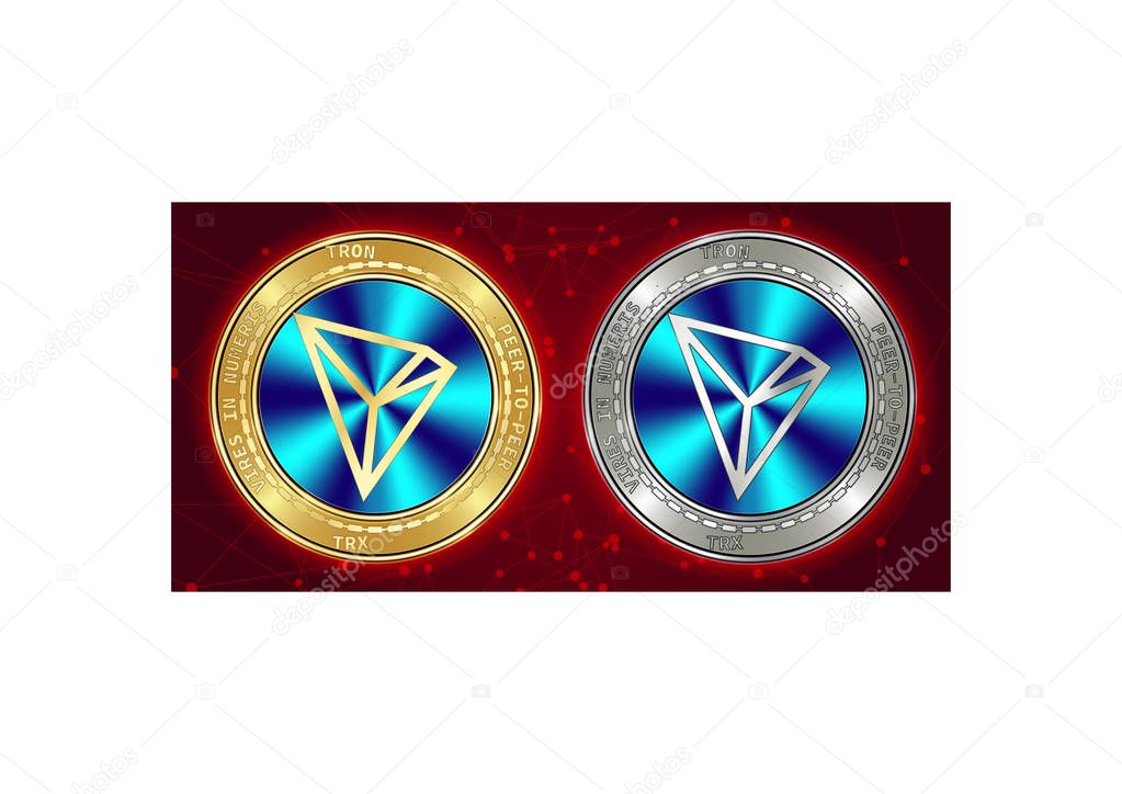 Golden and silver Tron (TRX) cryptocurrency coins on blockchain background