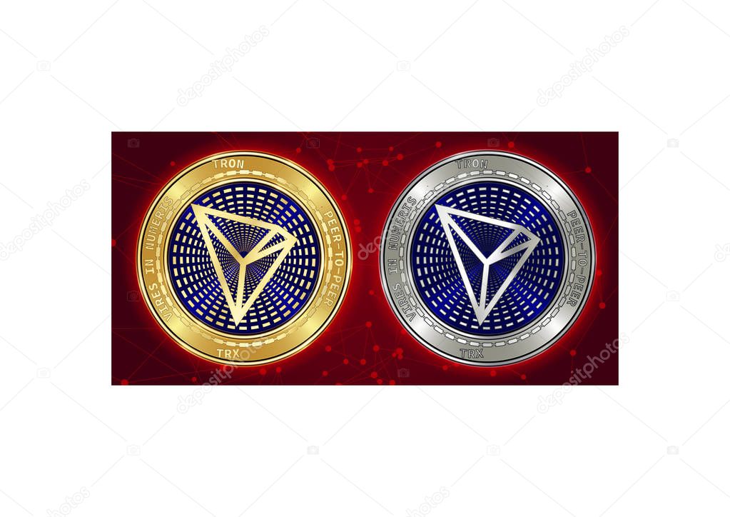 Golden and silver Tron (TRX) cryptocurrency coins on blockchain background