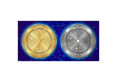 Altın ve gümüş Cosmos (Atom) cryptocurrency demir blockchain arka plan