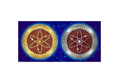 Altın ve gümüş Cosmos (Atom) cryptocurrency demir blockchain arka plan