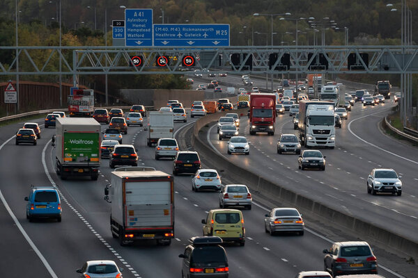 London, UK - October 18, 2018: Evening heavy traffic on busiest British motorway M25
